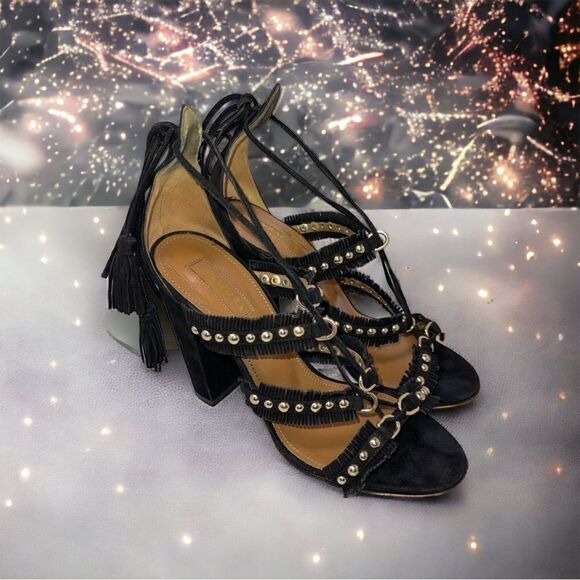 𝅺Aquazzurra Sandals Firenze Tulum Black Suede Sandals Chunky Heel Size 37 U.S. 6 - Picture 2 of 15